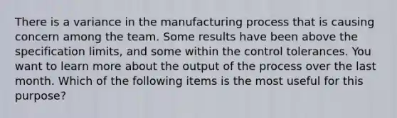 There is a variance in the manufacturing process that is causing concern among the team. Some results have been above the specification limits, and some within the control tolerances. You want to learn more about the output of the process over the last month. Which of the following items is the most useful for this purpose?