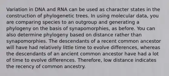 Variation in DNA and RNA can be used as character states in the construction of phylogenetic trees. In using molecular data, you are comparing species to an outgroup and generating a phylogeny on the basis of synapomorphies, as before. You can also determine phylogeny based on distance rather than synapomorphies. The descendants of a recent common ancestor will have had relatively little time to evolve differences, whereas the descendants of an ancient common ancestor have had a lot of time to evolve differences. Therefore, low distance indicates the recency of common ancestry.