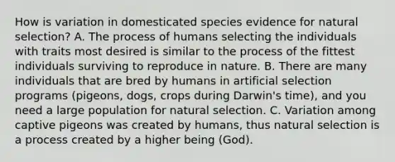 How is variation in domesticated species evidence for natural selection? A. The process of humans selecting the individuals with traits most desired is similar to the process of the fittest individuals surviving to reproduce in nature. B. There are many individuals that are bred by humans in artificial selection programs (pigeons, dogs, crops during Darwin's time), and you need a large population for natural selection. C. Variation among captive pigeons was created by humans, thus natural selection is a process created by a higher being (God).