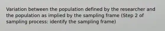 Variation between the population defined by the researcher and the population as implied by the sampling frame (Step 2 of sampling process: identify the sampling frame)