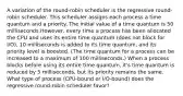 A variation of the round-robin scheduler is the regressive round-robin scheduler. This scheduler assigns each process a time quantum and a priority. The initial value of a time quantum is 50 milliseconds.However, every time a process has been allocated the CPU and uses its entire time quantum (does not block for I/O), 10 milliseconds is added to its time quantum, and its priority level is boosted. (The time quantum for a process can be increased to a maximum of 100 milliseconds.) When a process blocks before using its entire time quantum, it's time quantum is reduced by 5 milliseconds, but its priority remains the same. What type of process (CPU-bound or I/O-bound) does the regressive round-robin scheduler favor?