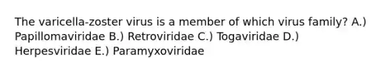 The varicella-zoster virus is a member of which virus family? A.) Papillomaviridae B.) Retroviridae C.) Togaviridae D.) Herpesviridae E.) Paramyxoviridae