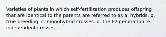 Varieties of plants in which self-fertilization produces offspring that are identical to the parents are referred to as a. hybrids. b. true-breeding. c. monohybrid crosses. d. the F2 generation. e. independent crosses.