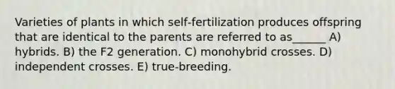 Varieties of plants in which self‐fertilization produces offspring that are identical to the parents are referred to as______ A) hybrids. B) the F2 generation. C) monohybrid crosses. D) independent crosses. E) true‐breeding.