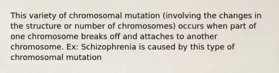 This variety of chromosomal mutation (involving the changes in the structure or number of chromosomes) occurs when part of one chromosome breaks off and attaches to another chromosome. Ex: Schizophrenia is caused by this type of chromosomal mutation