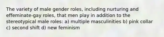 The variety of male gender roles, including nurturing and effeminate-gay roles, that men play in addition to the stereotypical male roles: a) multiple masculinities b) pink collar c) second shift d) new feminism