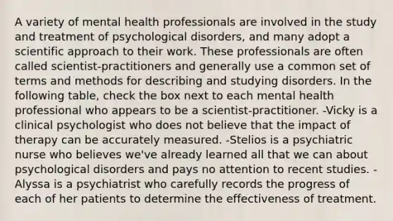 A variety of mental health professionals are involved in the study and treatment of psychological disorders, and many adopt a scientific approach to their work. These professionals are often called scientist-practitioners and generally use a common set of terms and methods for describing and studying disorders. In the following table, check the box next to each mental health professional who appears to be a scientist-practitioner. -Vicky is a clinical psychologist who does not believe that the impact of therapy can be accurately measured. -Stelios is a psychiatric nurse who believes we've already learned all that we can about psychological disorders and pays no attention to recent studies. -Alyssa is a psychiatrist who carefully records the progress of each of her patients to determine the effectiveness of treatment.