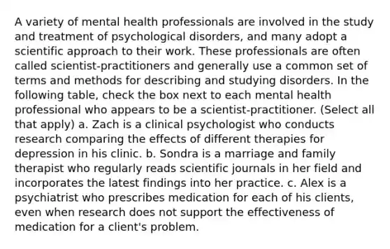 A variety of mental health professionals are involved in the study and treatment of psychological disorders, and many adopt a scientific approach to their work. These professionals are often called scientist-practitioners and generally use a common set of terms and methods for describing and studying disorders. In the following table, check the box next to each mental health professional who appears to be a scientist-practitioner. (Select all that apply) a. Zach is a clinical psychologist who conducts research comparing the effects of different therapies for depression in his clinic. b. Sondra is a marriage and family therapist who regularly reads scientific journals in her field and incorporates the latest findings into her practice. c. Alex is a psychiatrist who prescribes medication for each of his clients, even when research does not support the effectiveness of medication for a client's problem.