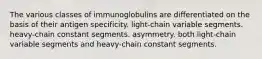 The various classes of immunoglobulins are differentiated on the basis of their antigen specificity. light-chain variable segments. heavy-chain constant segments. asymmetry. both light-chain variable segments and heavy-chain constant segments.