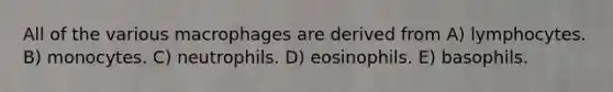 All of the various macrophages are derived from A) lymphocytes. B) monocytes. C) neutrophils. D) eosinophils. E) basophils.