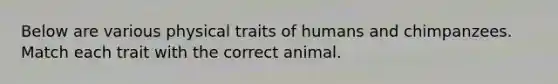 Below are various physical traits of humans and chimpanzees. Match each trait with the correct animal.