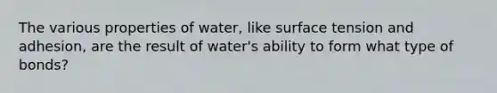 The various properties of water, like surface tension and adhesion, are the result of water's ability to form what type of bonds?