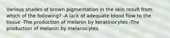 Various shades of brown pigmentation in the skin result from which of the following? -A lack of adequate blood flow to the tissue -The production of melanin by keratinocytes -The production of melanin by melanocytes