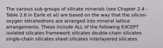 The various sub-groups of silicate minerals (see Chapter 2.4 - Table 2.6 in Earle et al) are based on the way that the silicon-oxygen tetrahedrons are arranged into mineral lattice arrangements. These include ALL of the following EXCEPT isolated silicates framework silicates double-chain silicates single-chain silicates sheet silicates interlayered silicates