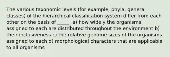 The various taxonomic levels (for example, phyla, genera, classes) of the hierarchical classification system differ from each other on the basis of _____. a) how widely the organisms assigned to each are distributed throughout the environment b) their inclusiveness c) the relative genome sizes of the organisms assigned to each d) morphological characters that are applicable to all organisms