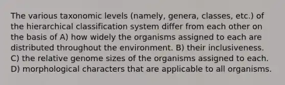 The various taxonomic levels (namely, genera, classes, etc.) of the hierarchical classification system differ from each other on the basis of A) how widely the organisms assigned to each are distributed throughout the environment. B) their inclusiveness. C) the relative genome sizes of the organisms assigned to each. D) morphological characters that are applicable to all organisms.