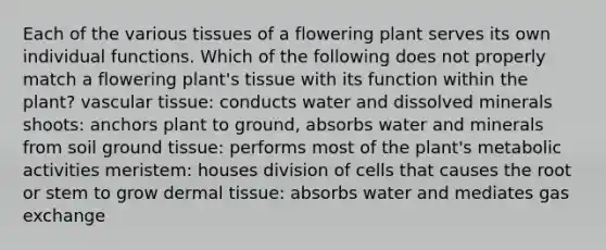 Each of the various tissues of a flowering plant serves its own individual functions. Which of the following does not properly match a flowering plant's tissue with its function within the plant? vascular tissue: conducts water and dissolved minerals shoots: anchors plant to ground, absorbs water and minerals from soil ground tissue: performs most of the plant's metabolic activities meristem: houses division of cells that causes the root or stem to grow dermal tissue: absorbs water and mediates gas exchange