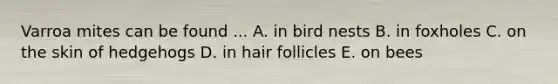 Varroa mites can be found ... A. in bird nests B. in foxholes C. on the skin of hedgehogs D. in hair follicles E. on bees
