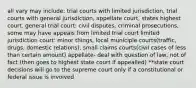 all vary may include: trial courts with limited jurisdiction, trial courts with general jurisdiction, appellate court, states highest court. general trial court: civil disputes, criminal prosecutions, some may have appeals from limited trial court limited jurisdiction court: minor things, local municiple courts(traffic, drugs, domestic relations), small claims courts(civil cases of less than certain amount) appellate- deal with question of law, not of fact (then goes to highest state court if appealled) **state court decisions will go to the supreme court only if a constitutional or federal issue is involved