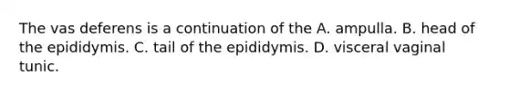 The vas deferens is a continuation of the A. ampulla. B. head of the epididymis. C. tail of the epididymis. D. visceral vaginal tunic.