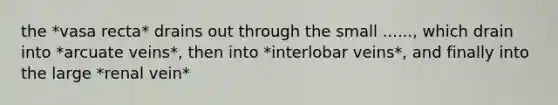 the *vasa recta* drains out through the small ......, which drain into *arcuate veins*, then into *interlobar veins*, and finally into the large *renal vein*