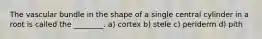 The vascular bundle in the shape of a single central cylinder in a root is called the ________. a) cortex b) stele c) periderm d) pith