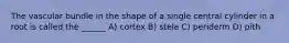 The vascular bundle in the shape of a single central cylinder in a root is called the ______ A) cortex B) stele C) periderm D) pith