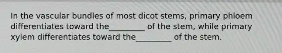 In the vascular bundles of most dicot stems, primary phloem differentiates toward the_________ of the stem, while primary xylem differentiates toward the_________ of the stem.