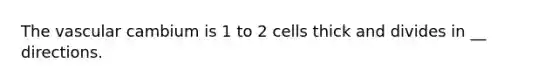 The vascular cambium is 1 to 2 cells thick and divides in __ directions.