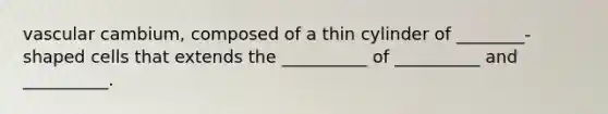 vascular cambium, composed of a thin cylinder of ________- shaped cells that extends the __________ of __________ and __________.