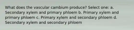 What does the vascular cambium produce? Select one: a. Secondary xylem and primary phloem b. Primary xylem and primary phloem c. Primary xylem and secondary phloem d. Secondary xylem and secondary phloem