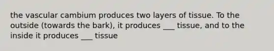 the vascular cambium produces two layers of tissue. To the outside (towards the bark), it produces ___ tissue, and to the inside it produces ___ tissue