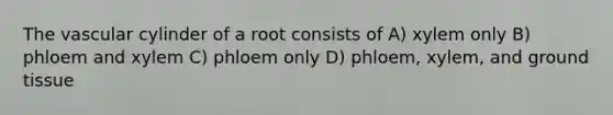 The vascular cylinder of a root consists of A) xylem only B) phloem and xylem C) phloem only D) phloem, xylem, and <a href='https://www.questionai.com/knowledge/kb0kKBaH0H-ground-tissue' class='anchor-knowledge'>ground tissue</a>