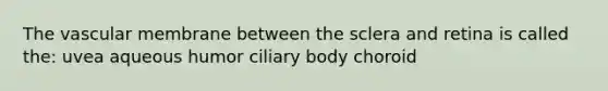 The vascular membrane between the sclera and retina is called the: uvea aqueous humor ciliary body choroid
