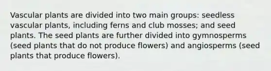 <a href='https://www.questionai.com/knowledge/kbaUXKuBoK-vascular-plants' class='anchor-knowledge'>vascular plants</a> are divided into two main groups: seedless vascular plants, including ferns and club mosses; and seed plants. The seed plants are further divided into gymnosperms (seed plants that do not produce flowers) and angiosperms (seed plants that produce flowers).