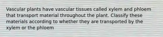 Vascular plants have vascular tissues called xylem and phloem that transport material throughout the plant. Classify these materials according to whether they are transported by the xylem or the phloem