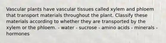 Vascular plants have vascular tissues called xylem and phloem that transport materials throughout the plant. Classify these materials according to whether they are transported by the xylem or the phloem. - water - sucrose - amino acids - minerals - hormones