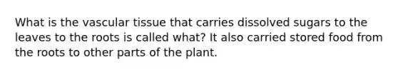 What is the <a href='https://www.questionai.com/knowledge/k1HVFq17mo-vascular-tissue' class='anchor-knowledge'>vascular tissue</a> that carries dissolved sugars to the leaves to the roots is called what? It also carried stored food from the roots to other parts of the plant.