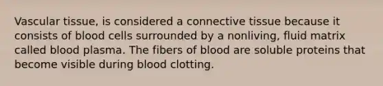 Vascular tissue, is considered a connective tissue because it consists of blood cells surrounded by a nonliving, fluid matrix called blood plasma. The fibers of blood are soluble proteins that become visible during blood clotting.