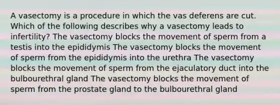 A vasectomy is a procedure in which the vas deferens are cut. Which of the following describes why a vasectomy leads to infertility? The vasectomy blocks the movement of sperm from a testis into the epididymis The vasectomy blocks the movement of sperm from the epididymis into the urethra The vasectomy blocks the movement of sperm from the ejaculatory duct into the bulbourethral gland The vasectomy blocks the movement of sperm from the prostate gland to the bulbourethral gland