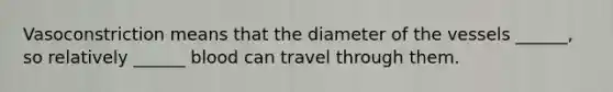 Vasoconstriction means that the diameter of the vessels ______, so relatively ______ blood can travel through them.