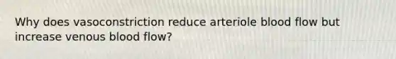 Why does vasoconstriction reduce arteriole blood flow but increase venous blood flow?