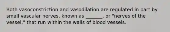 Both vasoconstriction and vasodilation are regulated in part by small vascular nerves, known as _______, or "nerves of the vessel," that run within the walls of <a href='https://www.questionai.com/knowledge/kZJ3mNKN7P-blood-vessels' class='anchor-knowledge'>blood vessels</a>.