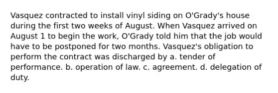 Vasquez contracted to install vinyl siding on O'Grady's house during the first two weeks of August. When Vasquez arrived on August 1 to begin the work, O'Grady told him that the job would have to be postponed for two months. Vasquez's obligation to perform the contract was discharged by a. tender of performance. b. operation of law. c. agreement. d. delegation of duty.