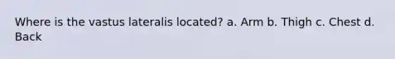 Where is the vastus lateralis located? a. Arm b. Thigh c. Chest d. Back