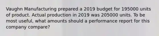 Vaughn Manufacturing prepared a 2019 budget for 195000 units of product. Actual production in 2019 was 205000 units. To be most useful, what amounts should a performance report for this company compare?