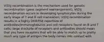 V(D)J recombination is the mechanism used for genetic recombination (gene segment rearrangement); V(D)J recombination occurs in developing lymphocytes during the early stage of T and B cell maturation; V(D)J recombination results in a highly DIVERSE repertoire of antibodies/immunoglobulins and cell receptors found on B and T cells; large stockpile of receptors and antibodies should mean that you have receptors that will be able to match up to pretty much any type of antigen the body comes into contact with