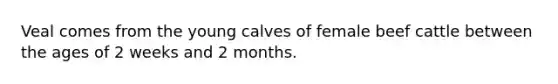 Veal comes from the young calves of female beef cattle between the ages of 2 weeks and 2 months.