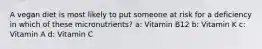 A vegan diet is most likely to put someone at risk for a deficiency in which of these micronutrients? a: Vitamin B12 b: Vitamin K c: Vitamin A d: Vitamin C