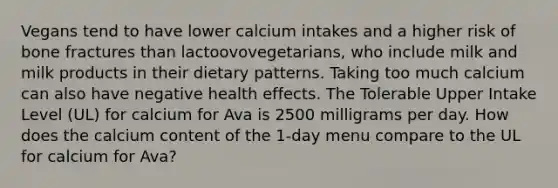 Vegans tend to have lower calcium intakes and a higher risk of bone fractures than lactoovovegetarians, who include milk and milk products in their dietary patterns. Taking too much calcium can also have negative health effects. The Tolerable Upper Intake Level (UL) for calcium for Ava is 2500 milligrams per day. How does the calcium content of the 1-day menu compare to the UL for calcium for Ava?